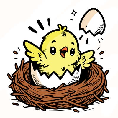 a baby chick hatching from an egg in a nest