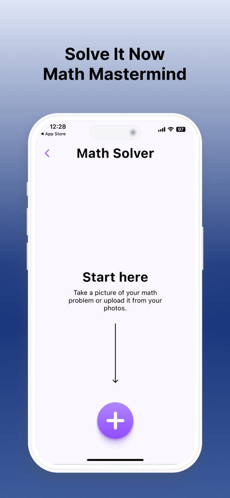 수학 문제 사진을 찍거나 업로드하는 옵션을 보여주는 수학 문제 풀이 앱 시작 화면 스크린샷.