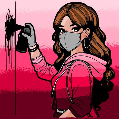 realistic girl with mask spray painting a wall