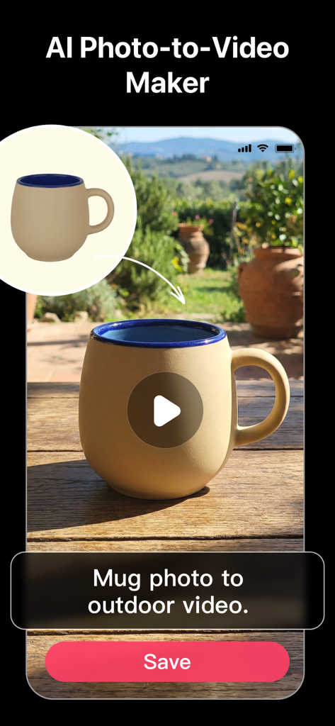 VividPic - AI Video Generator - マグカップの商品写真が、映画のような屋外動画に変換される様子を示すVividPic AIツール。