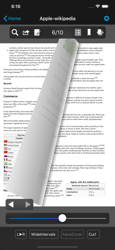 사실적인 페이지 넘김 애니메이션 효과가 있는 PDF 문서를 보여주는 SideBooks 앱 인터페이스
