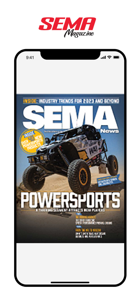 SEMA Magazine - SEMA Magazine app displaying the Powersports issue cover featuring an off-road racing vehicle