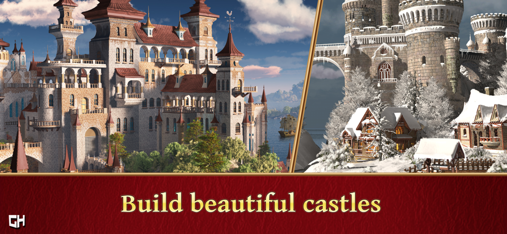 Jewel Match Solitaire - Dos escenas de castillos medievales en entornos soleados y nevados de Jewel Match Solitaire