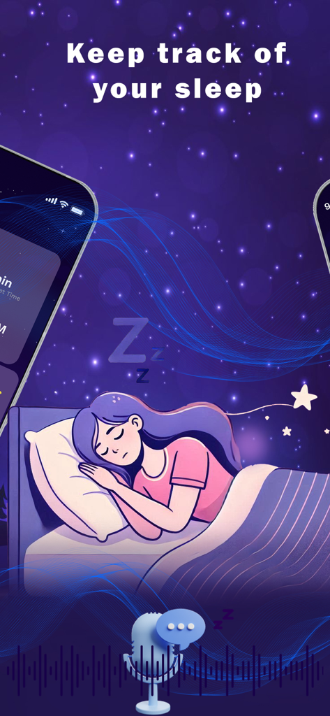 Illustration of a woman sleeping in bed under a starry night sky with the text Keep track of your sleep