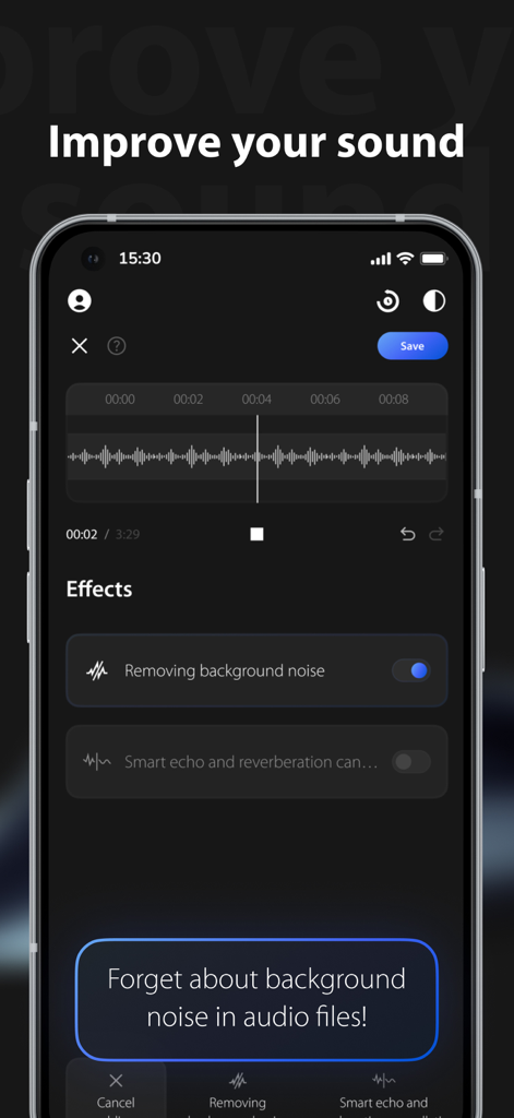 Audiofy - AI Music Editor - Interface of Audiofy app showing AI background noise removal and audio enhancement effects on an iPhone