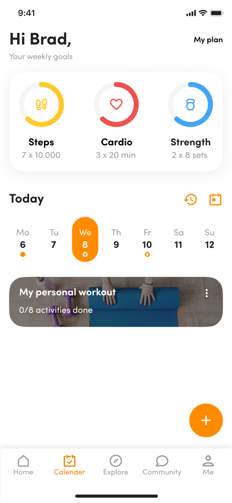 Basic Gym App - Mobile fitness dashboard showing progress on steps cardio and strength goals with a daily workout calendar