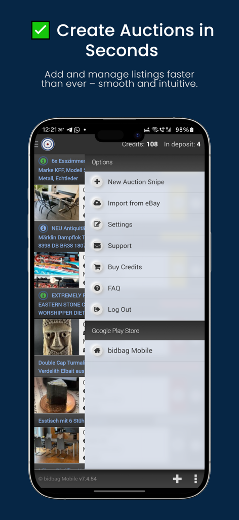 Interface do aplicativo BidBag mostrando o menu de opções para criar novos snipes de leilão e importar listagens do eBay.