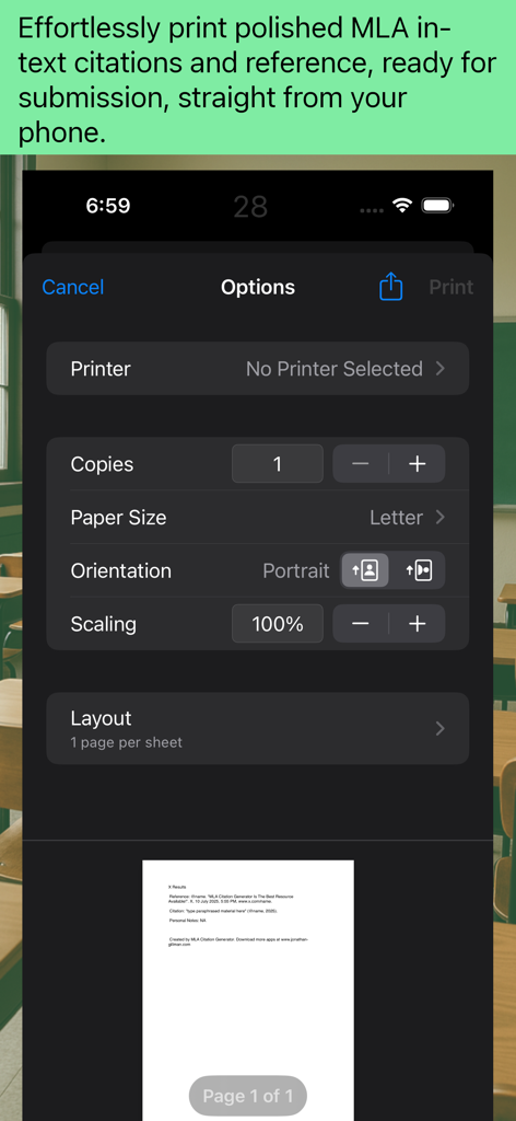 MLA Citation Generator mobile app interface showing print settings and document preview for citations.