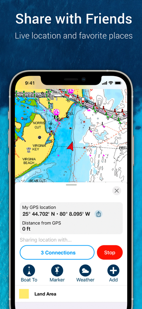 Navionics Boating app interface showing live location sharing with friends on a nautical chart