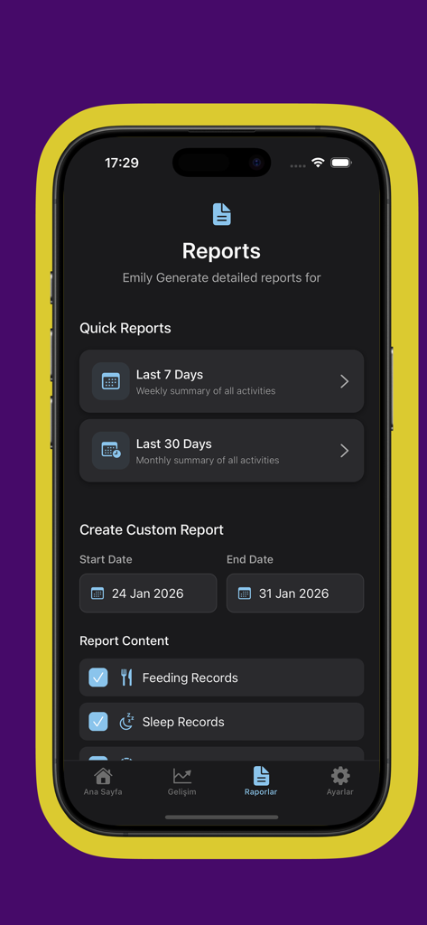 Baby Tracker – Feed & Sleep - A mobile interface for generating baby activity reports including feeding and sleep records with customizable date ranges.
