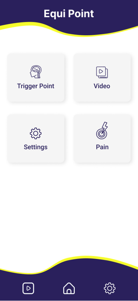 Equistasi Point - Menu principal do aplicativo Equistasi Point com botões para conteúdo educacional de Pontos-Gatilho, tutoriais em vídeo, configurações e rastreamento de dor