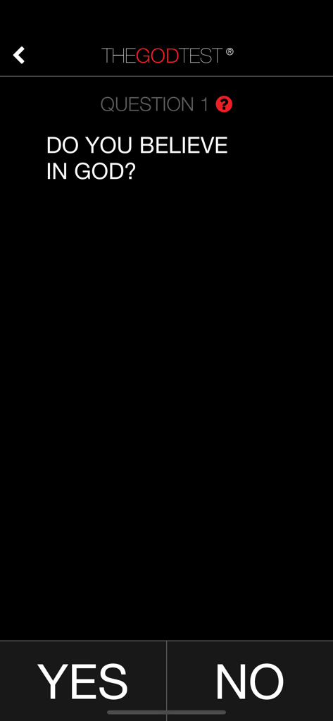 The God Test app interface showing the question Do you believe in God with yes and no buttons