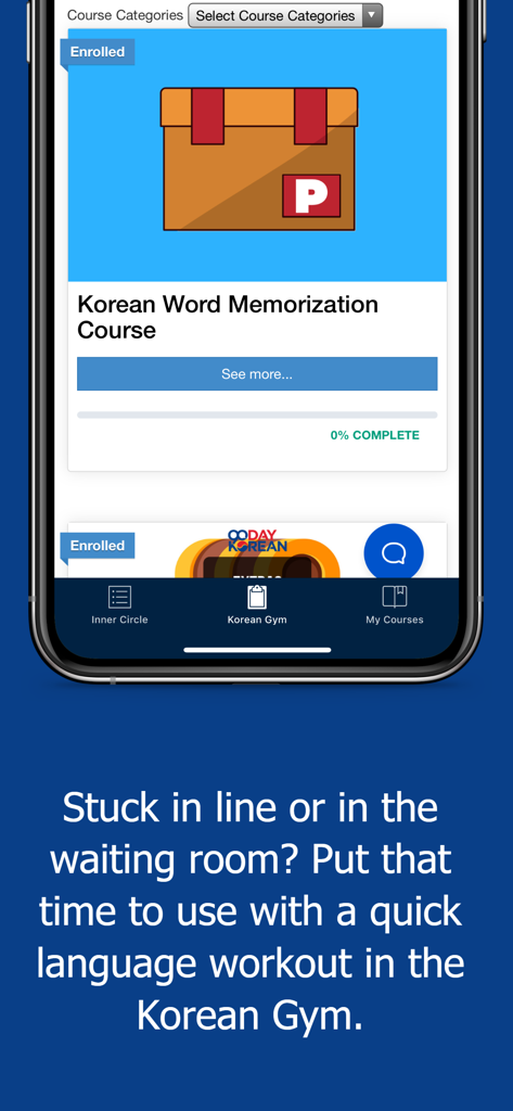 90 Day Korean - 90 Day Korean app interface showing the Korean Gym for quick language workouts
