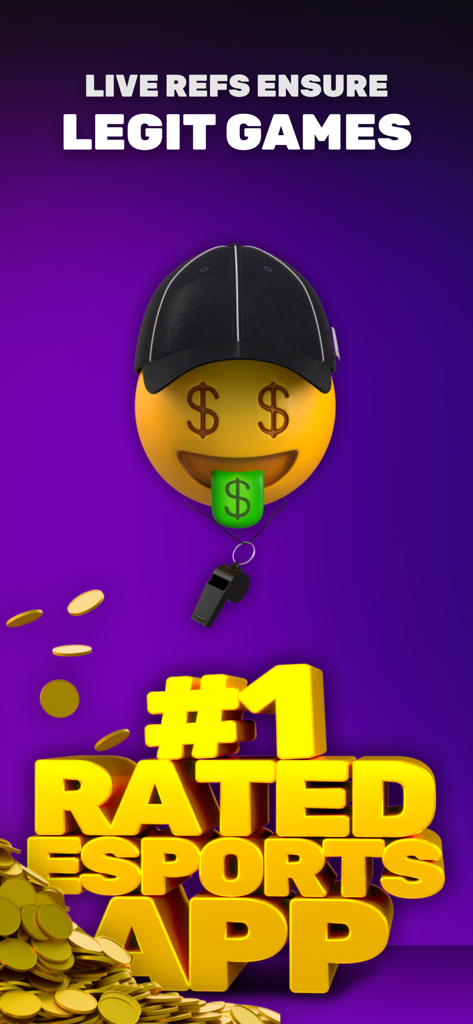 Promotional graphic for 1v1Me esports staking app featuring a referee emoji and gold coins