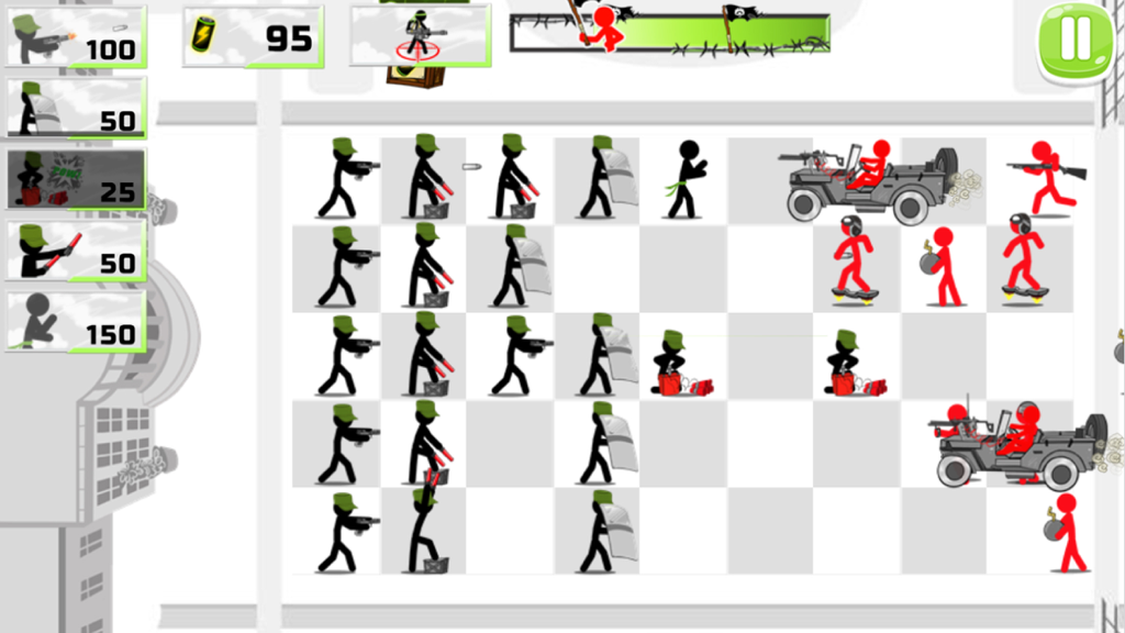 Stick Tower Game：Free - Black stickman units defending against red stickman enemies in a tower defense game.