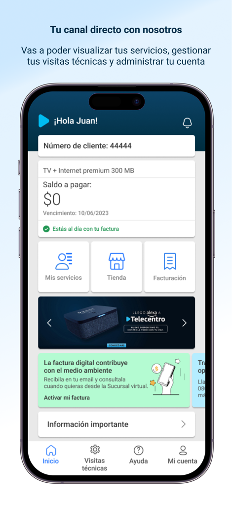 Telecentro Sucursal Virtual - Mobile dashboard of the Telecentro app showing account balance and service management options