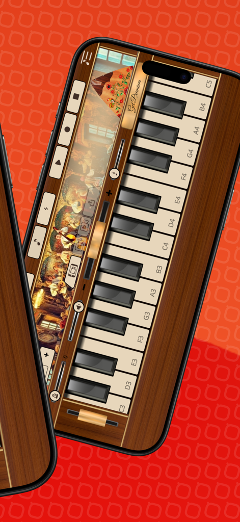 Balalaika - Mobile phone screen displaying the Balalaika Sim app with a wooden digital keyboard and traditional folk art background