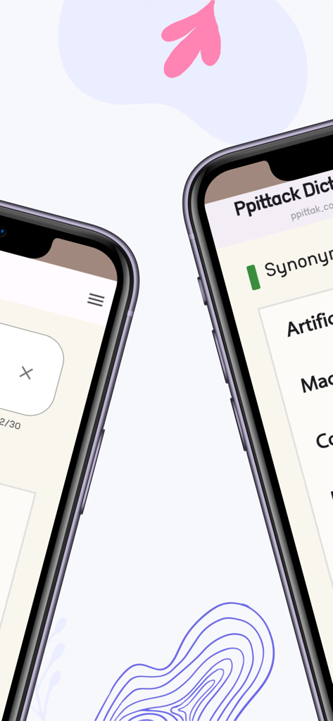 Ppittack Dictionaryアプリが2つのモバイル画面に類義語を表示しています