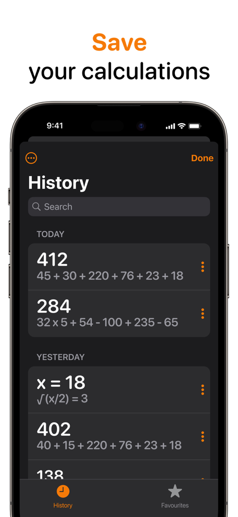 A screenshot of the Calculator Air app showing a history of math calculations and equations.