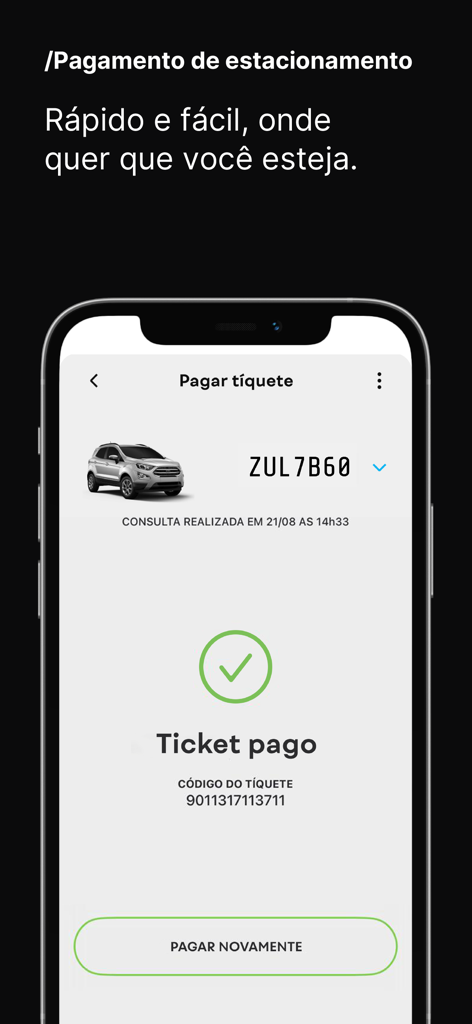 Smartphone screen displaying a successful parking ticket payment in the Zul plus app