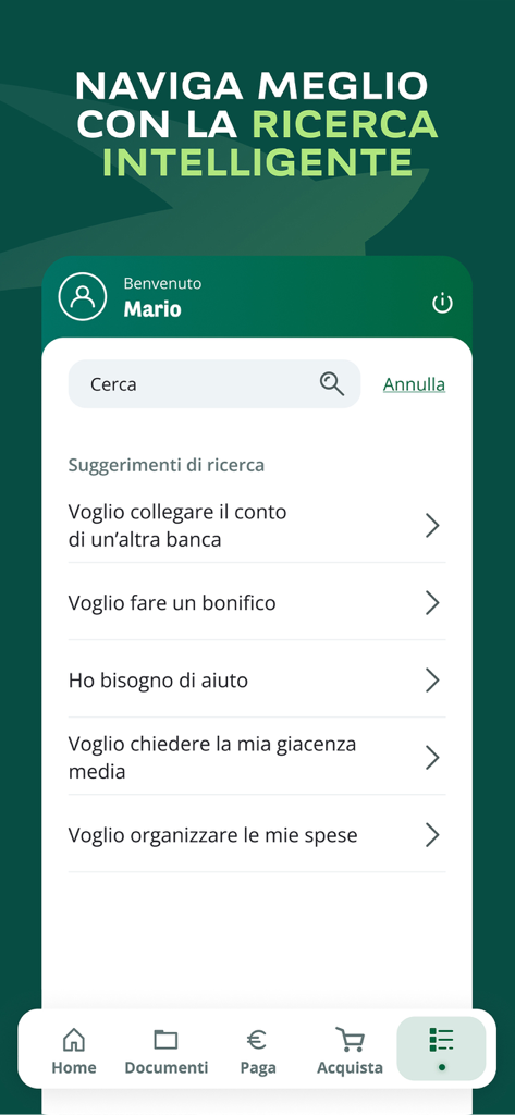 BNL mobile banking app smart search interface with quick action suggestions