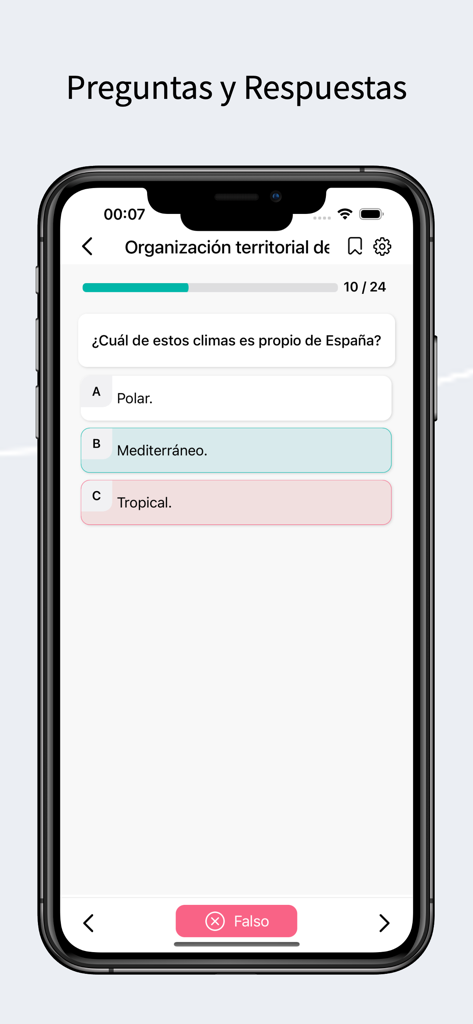 CCSE Exame Nacionalidad España - Écran de question de pratique pour l'examen de nationalité espagnole CCSE montrant une question à choix multiples sur le climat de l'Espagne.