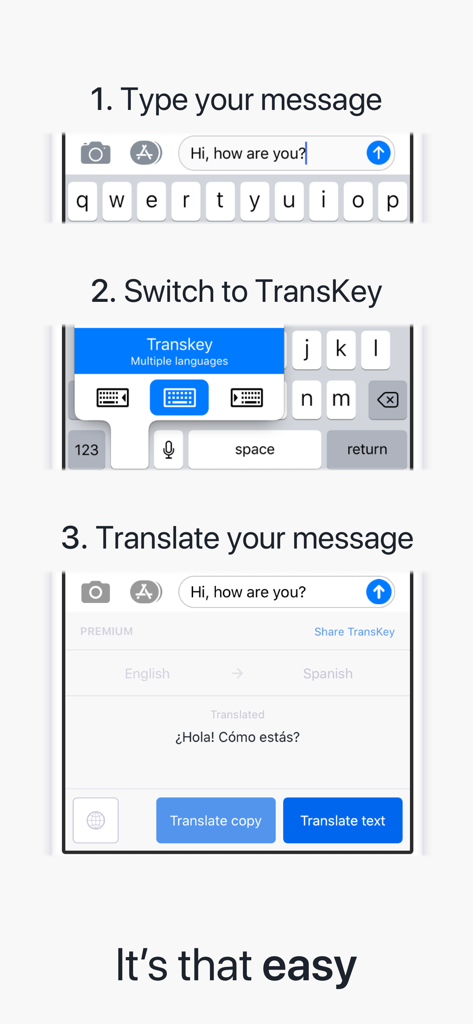TransKey: Text Translator Chat - A three-step guide showing how to type a message, switch to the TransKey keyboard, and translate text instantly from English to Spanish