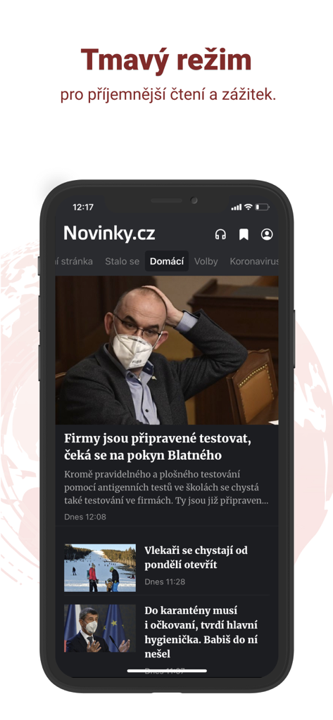Interface do aplicativo de notícias Novinky.cz apresentando o modo escuro e manchetes de notícias checas