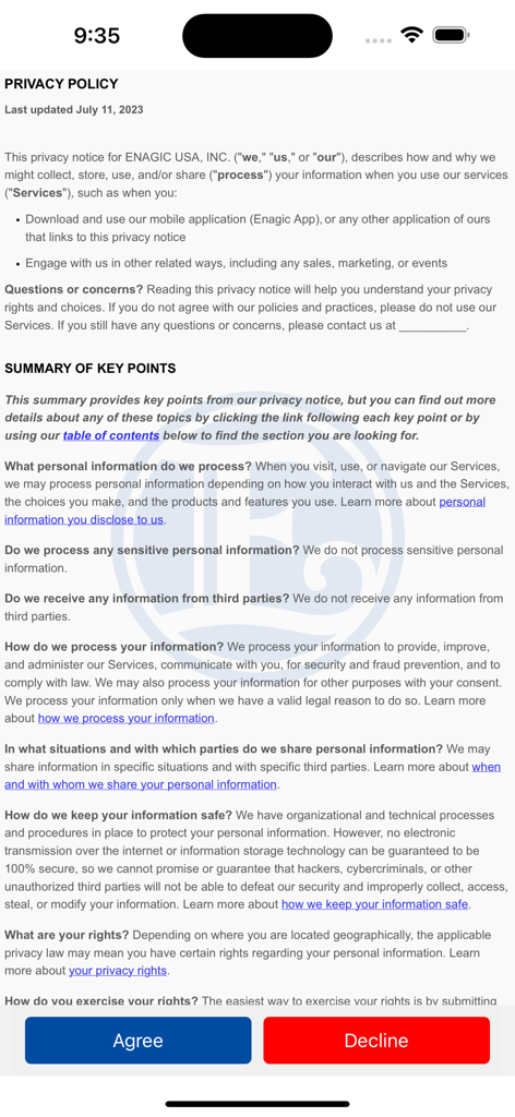 The privacy policy summary screen in the Enagic app with agree and decline buttons.