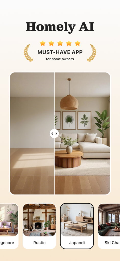 Homely AI - Interior Design - Comparação antes e depois de um cômodo vazio transformado em uma sala de estar moderna usando Homely AI