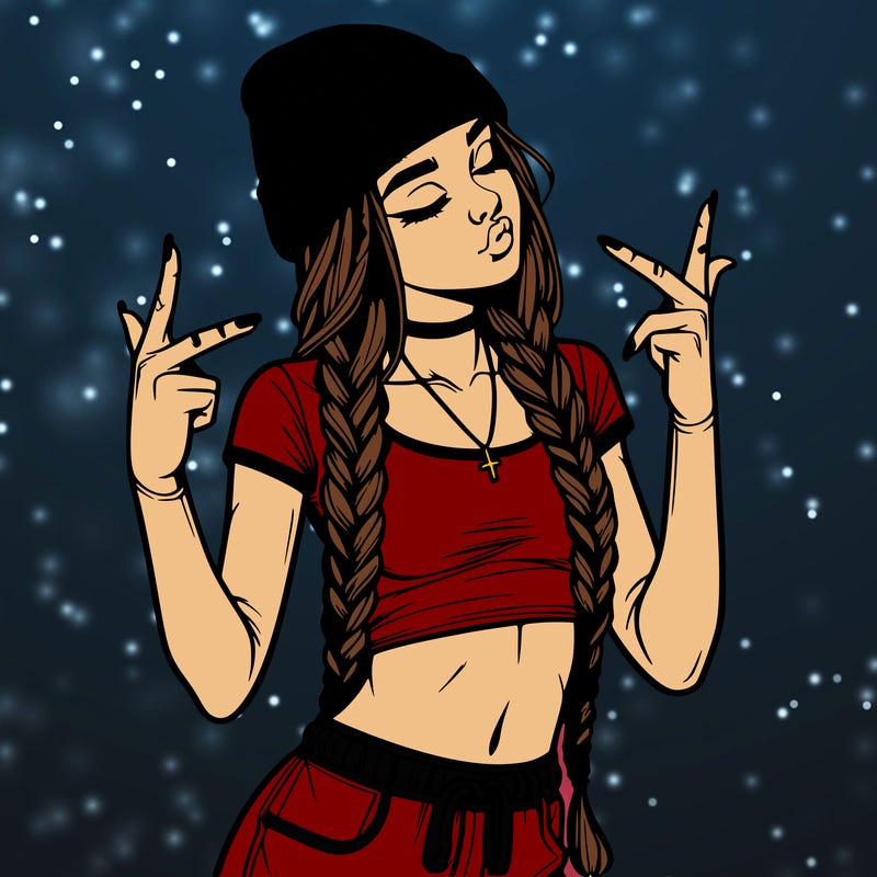 realistic teenage girl with braids and a beanie and crop top doing 🫶🏼