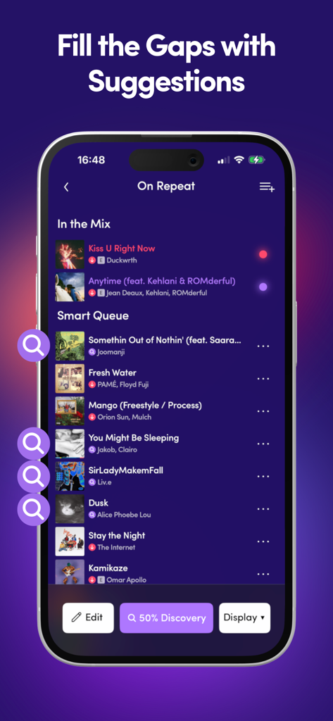 Offtrack music app interface displaying a smart queue with AI powered song suggestions to fill the gaps in a playlist.