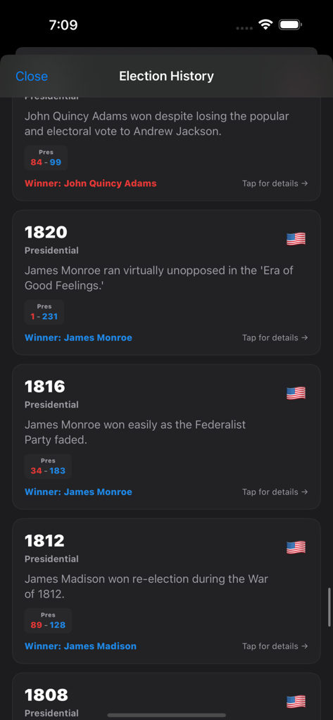 Election Explorer: 2026 Map - List of historical US presidential election results from 1808 to 1820 with winner details and electoral vote counts.