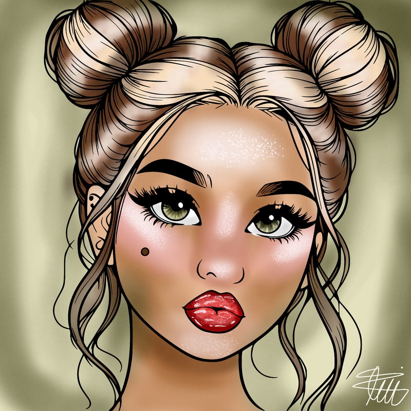 realistic girl with two buns on her hair and lips