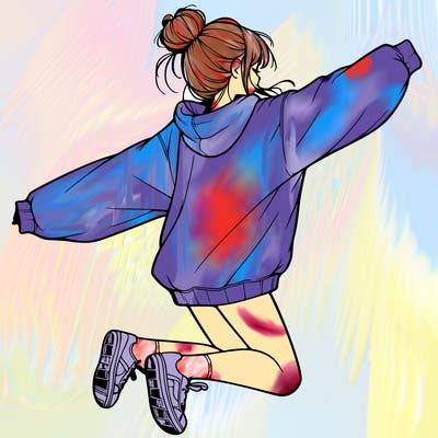 realistic girl jumping with a bun and oversized sweatshirt