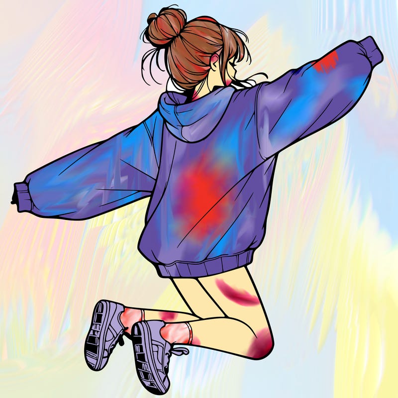realistic girl jumping with a bun and oversized sweatshirt