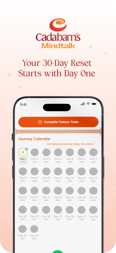 Cadabams Mindtalk app interface showing a 30-day journey calendar for a mental health reset