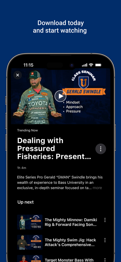 Bass University mobile app screen displaying a professional bass fishing seminar video