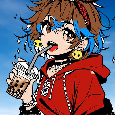 hot baddie anime girl drinking boba and biting the straw