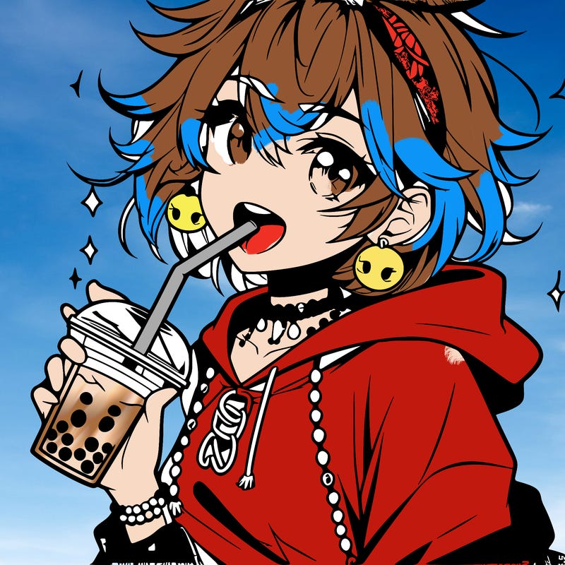hot baddie anime girl drinking boba and biting the straw