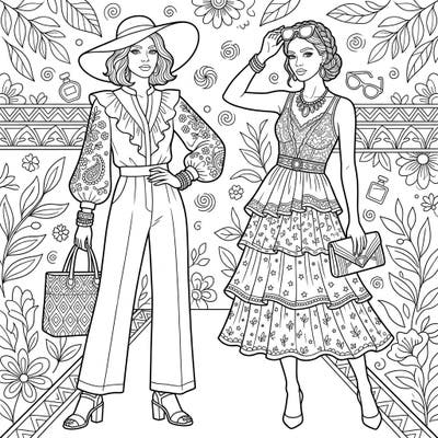 Step into the dazzling world of high fashion with this exquisite coloring page featuring two elegantly posed models. Explore intricate outfits, stylish accessories, and a beautifully patterned background, all waiting for your creative touch.