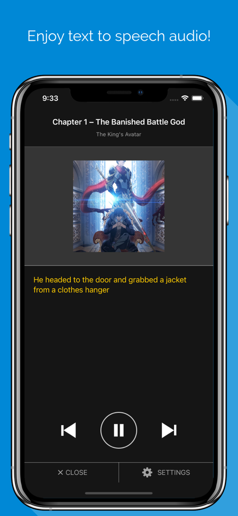 NovelReader app interface showing a text to speech audio player for a web novel chapter