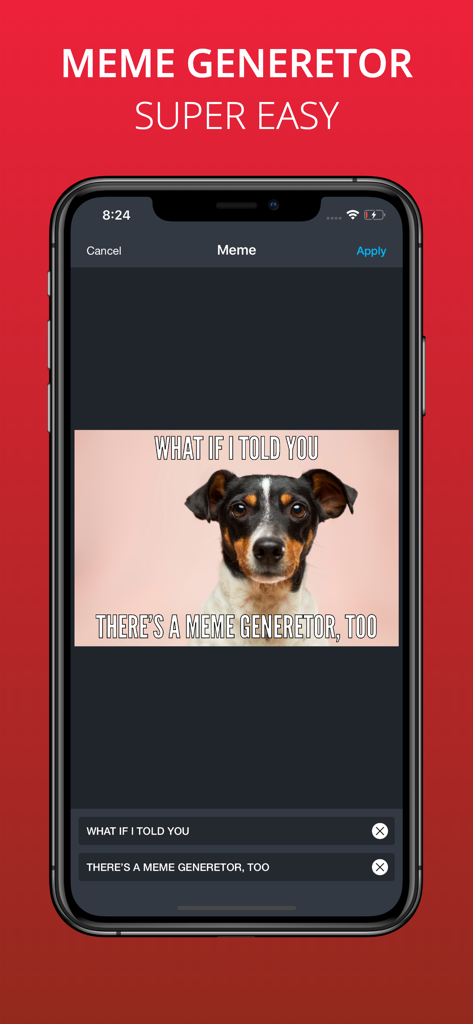 Long Exposure Slow Shutter Cam - Interface of the meme generator feature in the Long Exposure Slow Shutter Cam app showing a dog photo with text