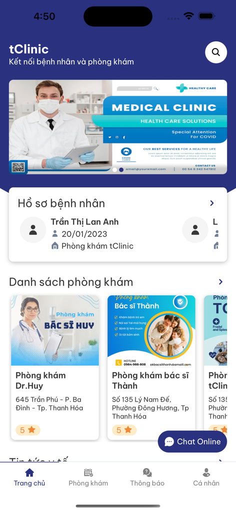 tClinic - Home screen of the tClinic medical app in Vietnamese displaying patient profiles and a list of available clinics.