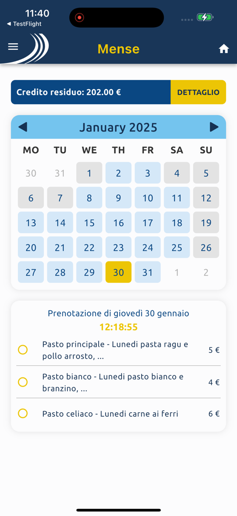 MasterCom Famiglie 2.0 - MasterCom Famiglie App-Bildschirm, der das Kantinenguthaben und einen Kalender für Mahlzeitenbuchungsoptionen anzeigt.