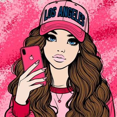 realistic beautiful girl wearing los ángeles cap holding an iphone