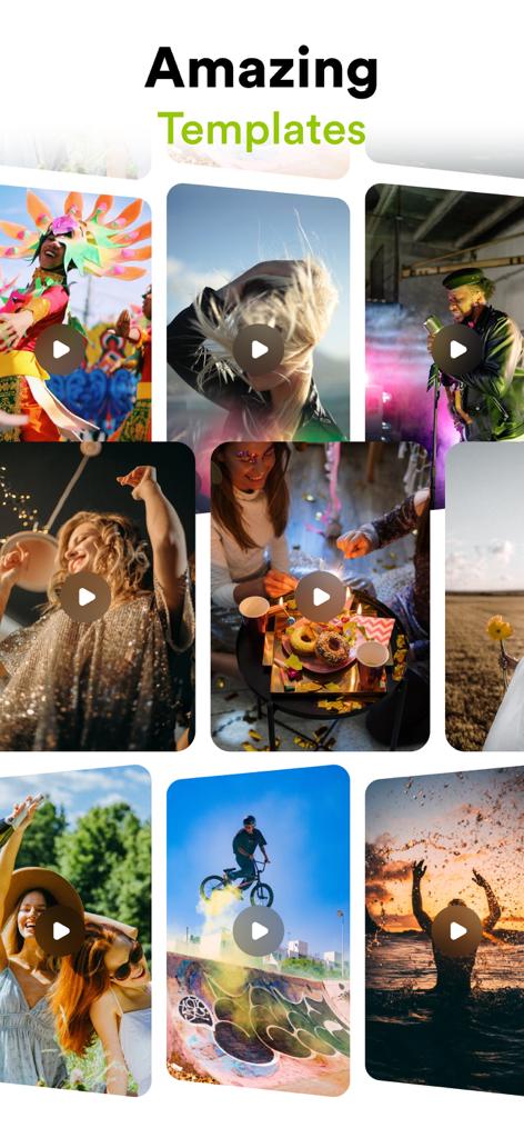VILO: Video Editor Reel Maker - ソーシャルメディアコンテンツ用のライフスタイルやアクションクリップをフィーチャーした、Viloアプリの様々なビデオテンプレートの鮮やかなグリッド。