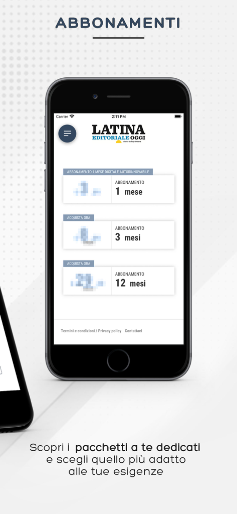 Latinaoggi.eu - Latinaoggi news app subscription screen showing monthly and annual digital plans