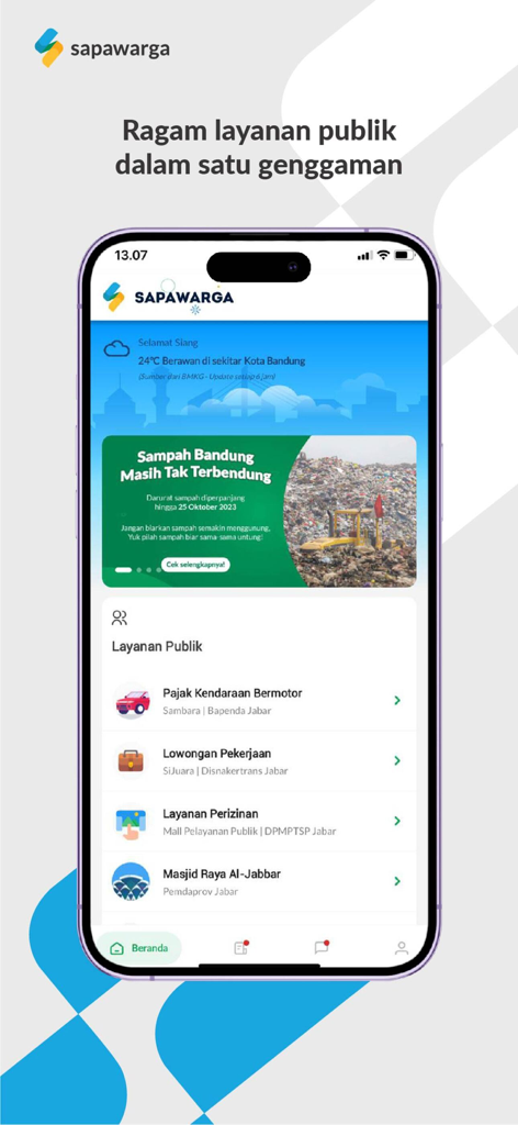 SAPAWARGA - Jabar Super Apps - SAPAWARGA Jabar Super App home screen displaying various public services like vehicle tax and job vacancies