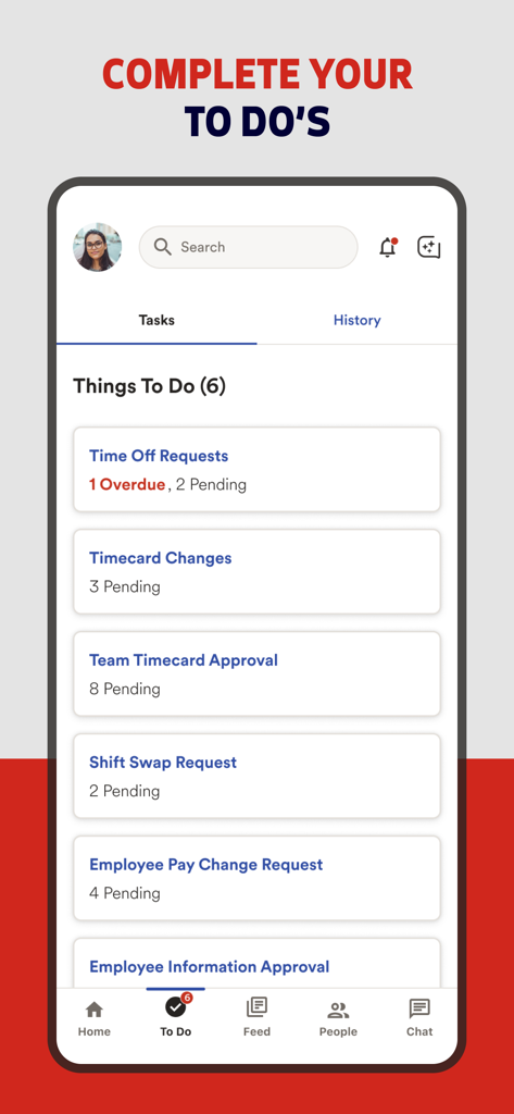 ADP Mobile Solutions app interface showing a dashboard of pending HR tasks and manager approvals.